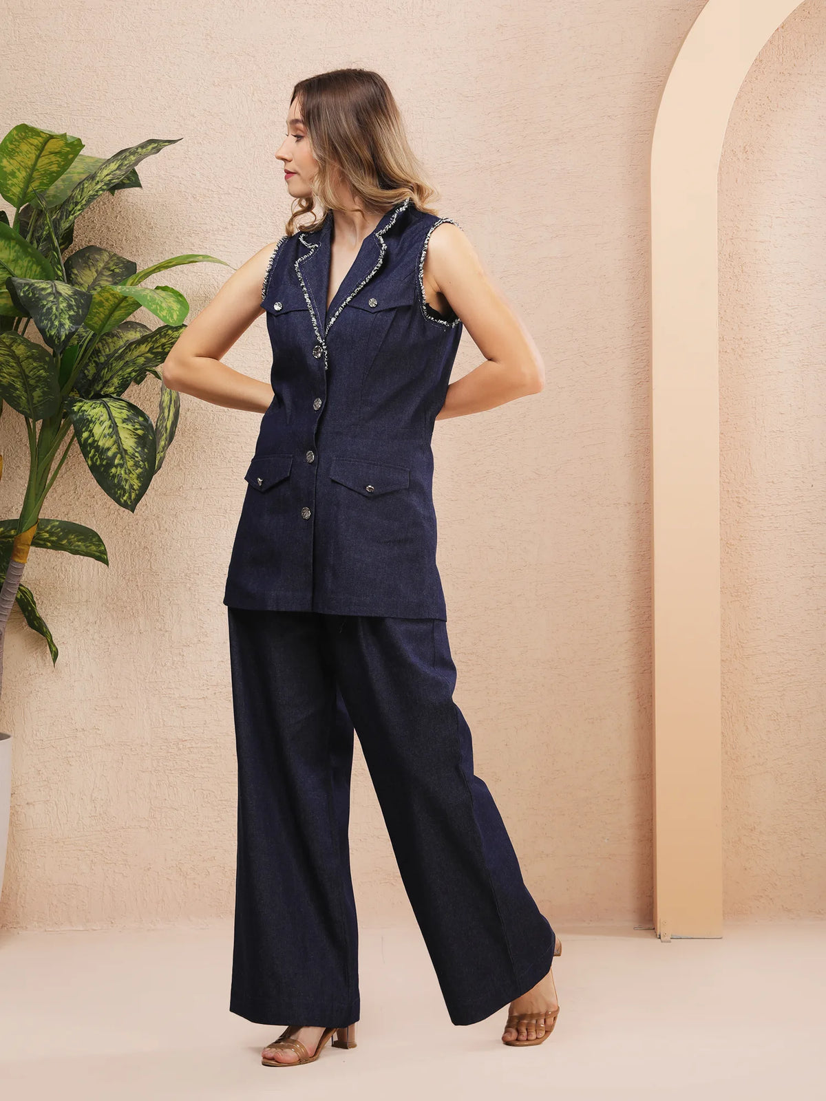 Tailored Sleeveless Denim Co-ord With Contrast Trim