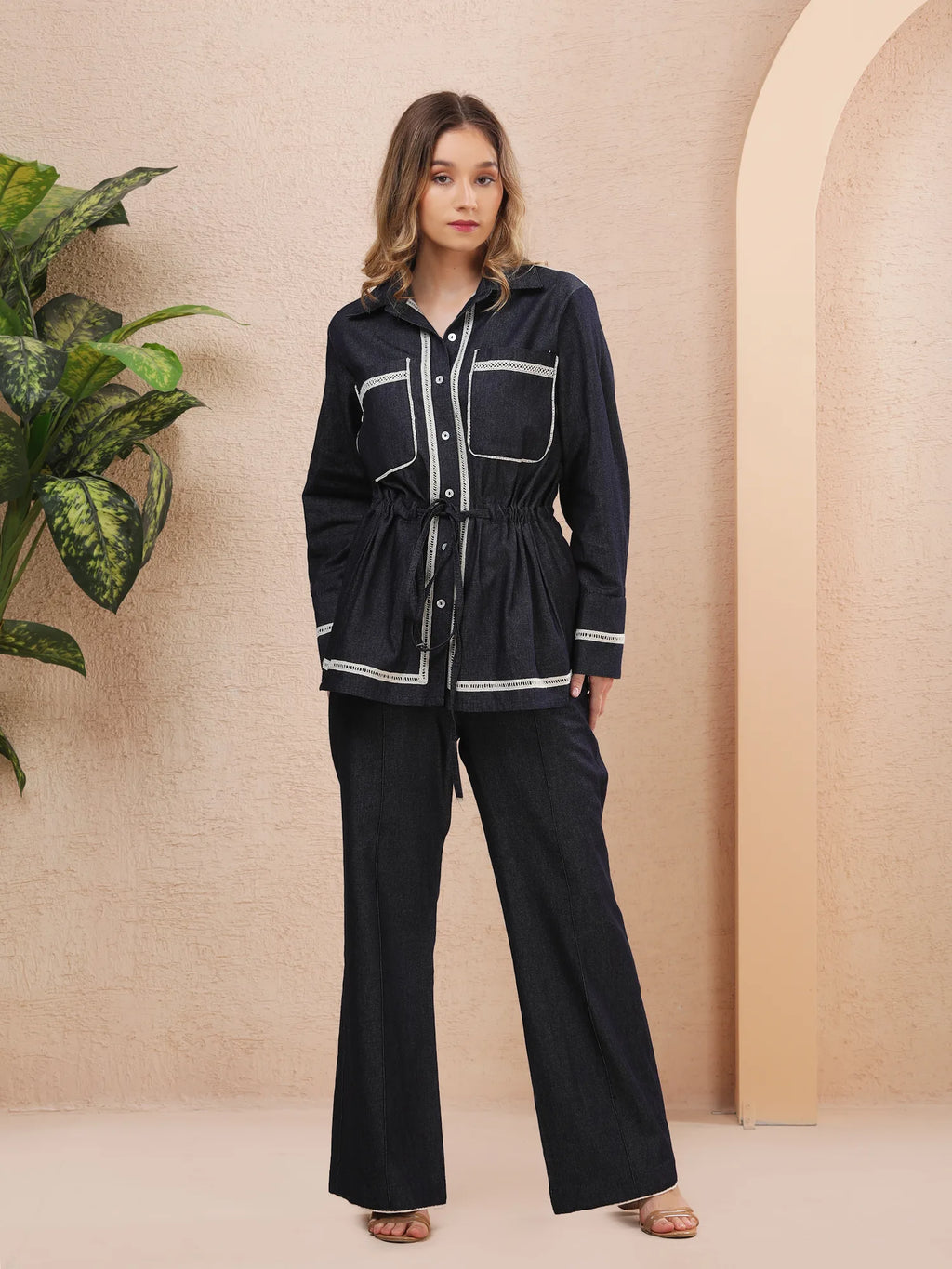Tie-Waist Contrast Trim Denim Set