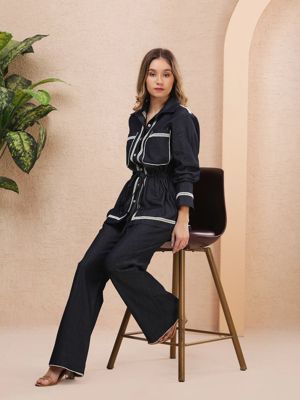 Tie-Waist Contrast Trim Denim Set