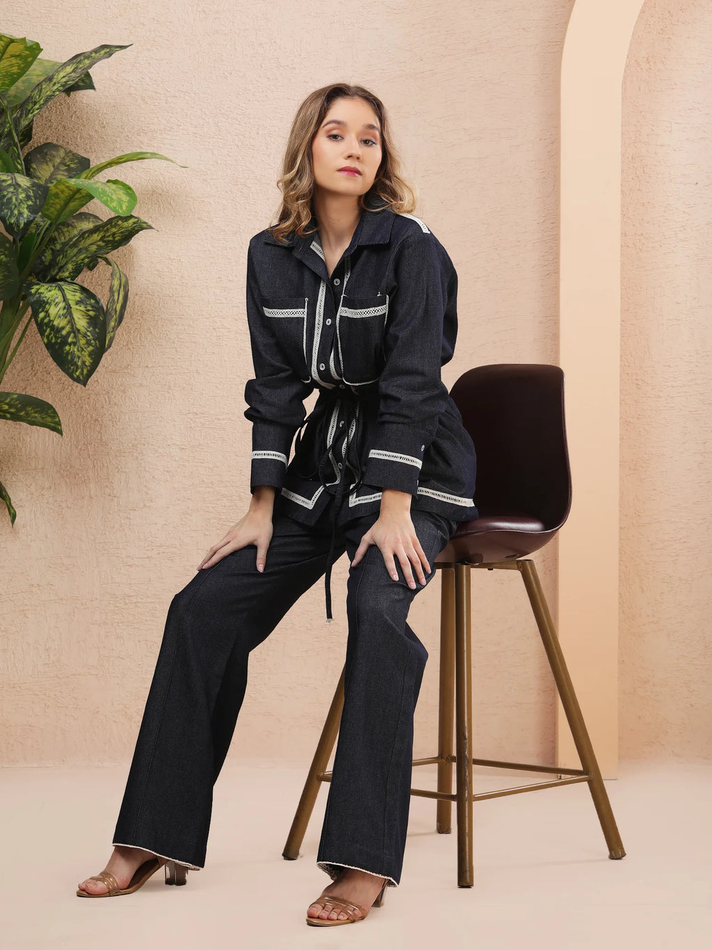 Tie-Waist Contrast Trim Denim Set