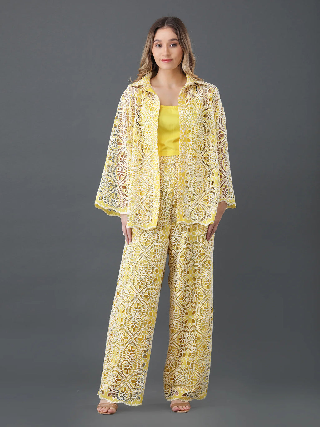 Yellow Cutwork Button Down Co-ord Set