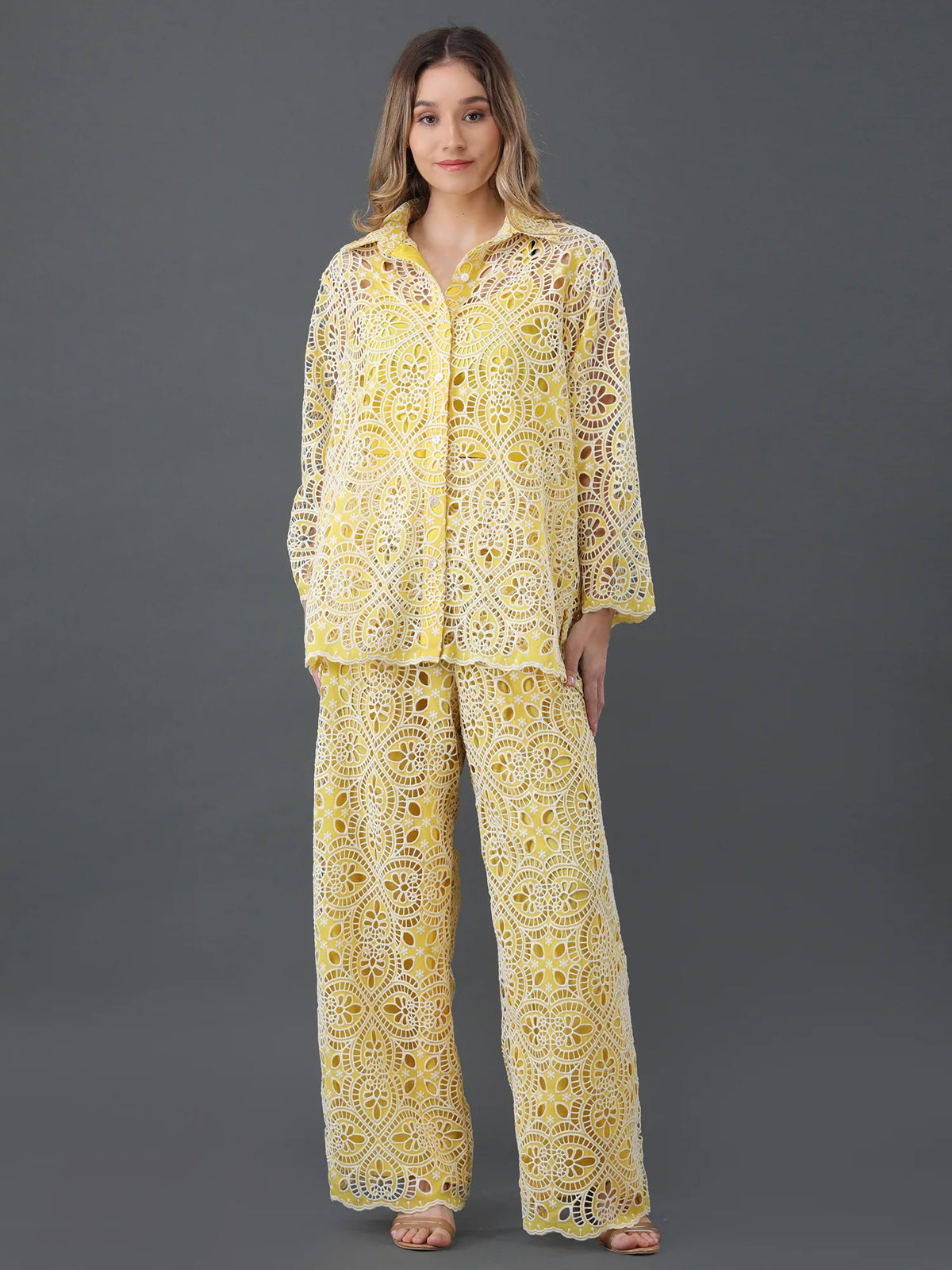 Yellow Cutwork Button Down Co-ord Set