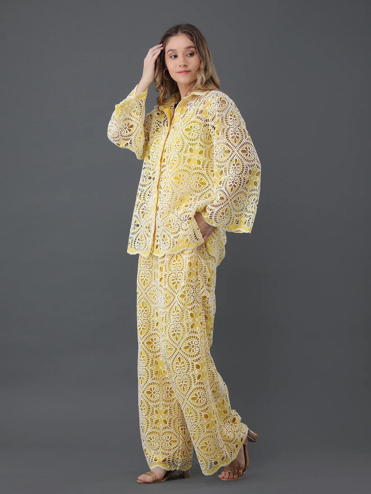 Yellow Cutwork Button Down Co-ord Set