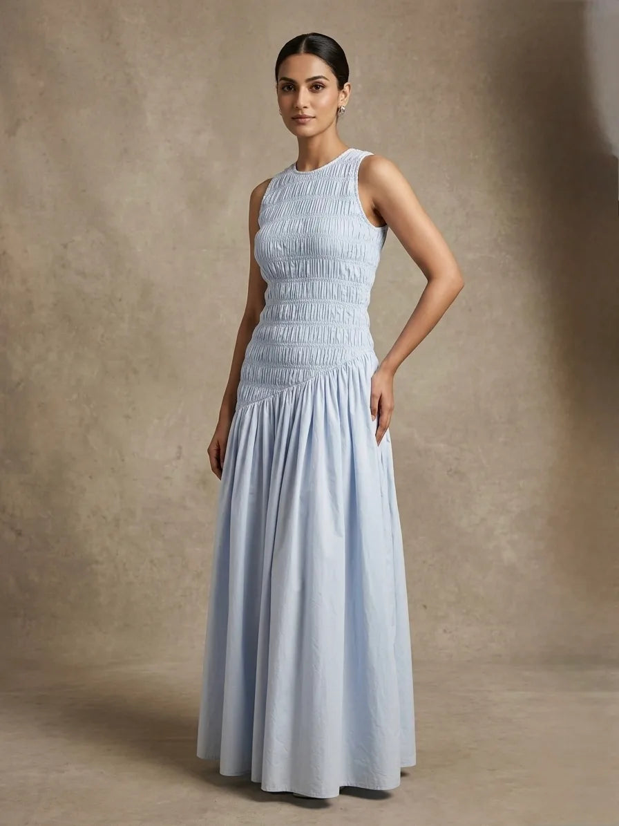 Powder Blue Smocked Midi Dress