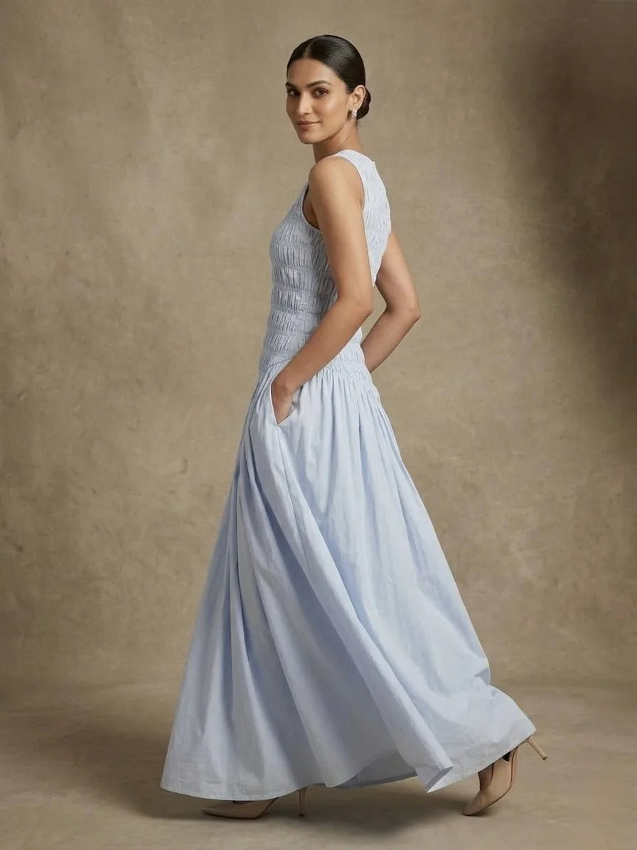 Powder Blue Smocked Midi Dress