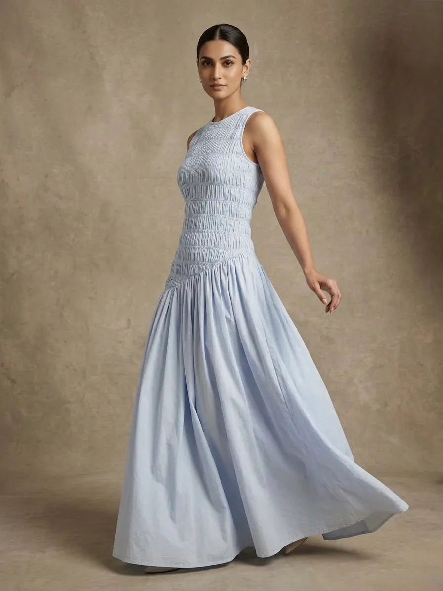 Powder Blue Smocked Midi Dress