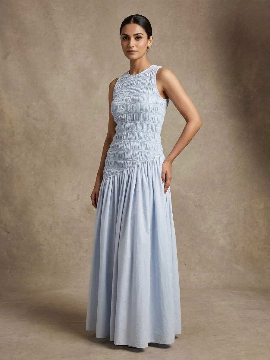 Powder Blue Smocked Midi Dress