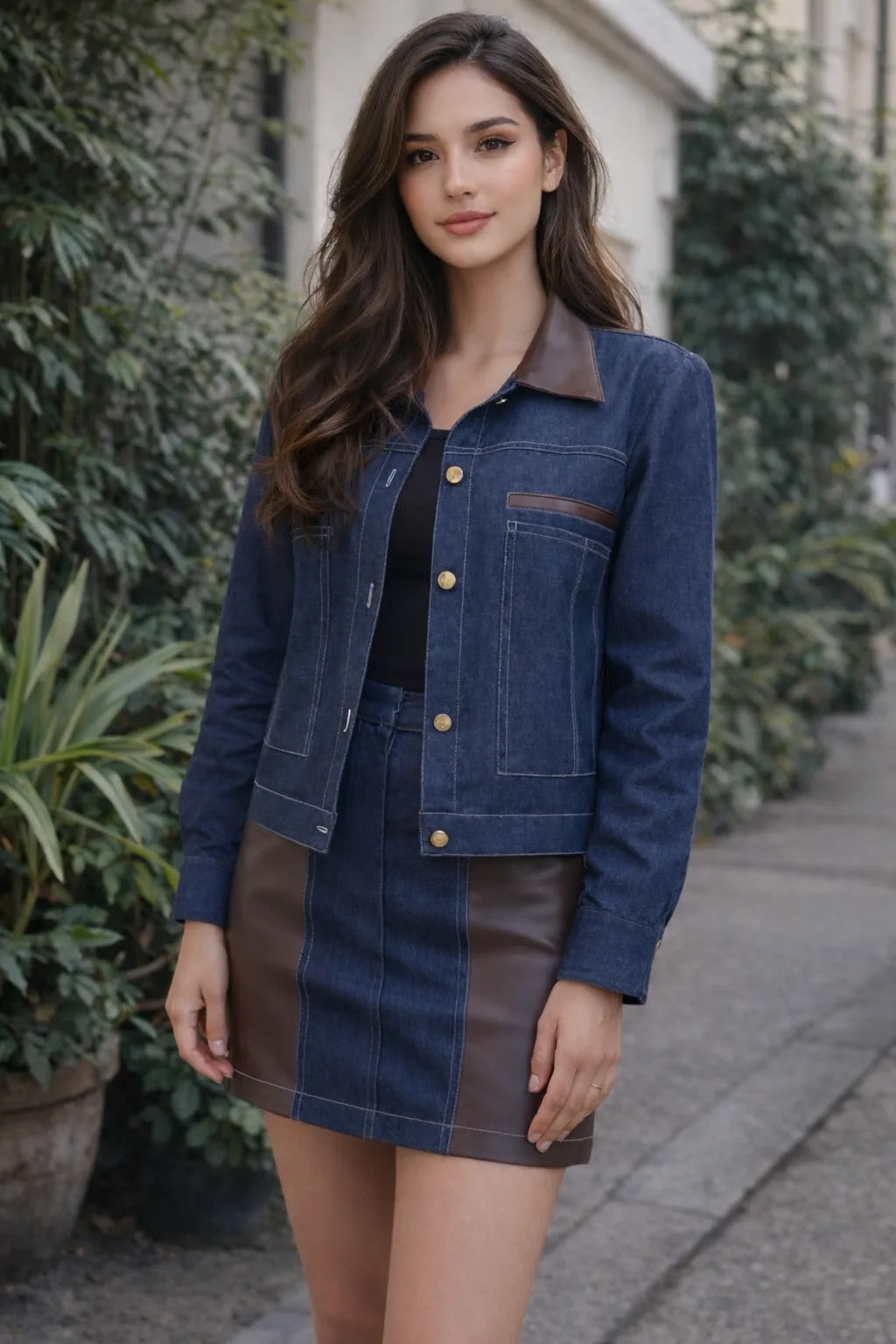 Denim & Leather Panel Skirt Set